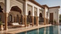 Facade of a building in Andalusian design, rectangular shape, long windows, ledge with columns,