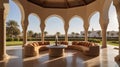 Facade of a building in Andalusian design, rectangular shape, long windows, ledge with columns,