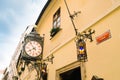 Facade of the building and clock of the famous and ancient U Fleku brewery Royalty Free Stock Photo
