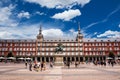 Facade of the buildings of the Major Square full of tourists, in the center of Madrid