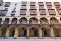 Facade of caravansary of Bazaraa, with vaulted arcades and wooden oriel windows, Cairo, Egypt