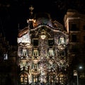 The facade of the Casa Battlo (house of bones) designed by Antoni Gaudi, Barcelona at night Royalty Free Stock Photo