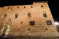 Facade of Casa de las Conchas in Salamanca at night, Spain, covered in scalloped shells, Community of Castile and LeÃÂ³n, Spain