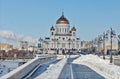 Moscow, Russia - February 22, 2018: Facade of Cathedral of Christ the Saviour in Moscow at sunny winter morning. Royalty Free Stock Photo