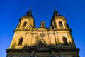 Facade of a church illuminated by the setting sun in Niemchech, Bavaria