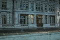 Facade of classical architecture building at night