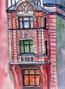 Facade of classical building. Ink and watercolor painting