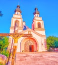 Facade of Co-Cathedral of the Merciful Father in bright sunset lights, Zaporizhzhia, Ukraine