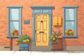 facade of a colonial house with wooden door, brick walls, magazine style illustration