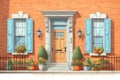 facade of a colonial house with wooden door, brick walls, magazine style illustration