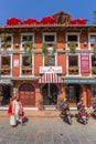 Facade of a colorful restaurant at Durbar square in Patan