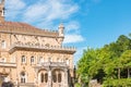 Facade detail of the Palace of Bucaco with garden in Portugal. Palace was built in Neo Manueline style between 1888 and 1907. Luso