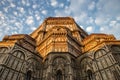 Facade and Dome of Cathedral of Saint Mary of Flower in Florence in Sunrise, Italy