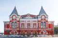 Facade of the drama theater in Samara in Russia. Town landscape with historic theater and blue sky