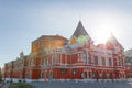 Facade of the drama theater in Samara in Russia. Town landscape with historic theater and blue sky