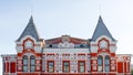 Facade of the drama theater in Samara in Russia. Town landscape with historic theater and blue sky