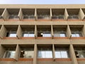The facade of the educational building in the style of architectural brutalism of Ben Gurion University in Beer Sheva