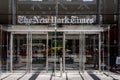 Facade an entrance of The New York Times NYT and NYTimes headquarters on Eighth Avenue, Manhattan, New York City, USA