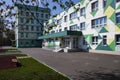 Facade and entrance into the School 2 in Kudakovsky street, sunny spring view. Balashikha, Russia.