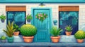 The facade of a flower shop with a window, door, and cute plants in pots and vases. Empty city street with building Royalty Free Stock Photo