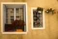 Facade flowers blue window Brantome France Royalty Free Stock Photo