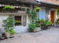 Facade of french house with door and window decorated with fresh plants Royalty Free Stock Photo