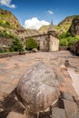 Facade of Geghard Monastery and Church in Armenia is an important tourist and religious pilgrimage point in Kotayk province