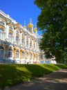 Facade and golden domes of Catherine Palace located in suburb of St Petersburg, in city of Pushkin, Tsarskoe selo, Russia. Petersb Royalty Free Stock Photo