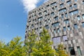 Facade with grey rectangles office building with trees in front Royalty Free Stock Photo