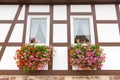 Facade of half-timbered house with geranium flowers Royalty Free Stock Photo