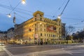 facade of historic building with casino in the firt district in Vienna with metro station by night