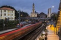 Facade of the historic building headquarters of Luz train Station and the Portuguese Language Museum, with the movement of trains Royalty Free Stock Photo