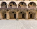 Facade of caravansary of Bazaraa, with vaulted arcades and wooden oriel windows, Cairo, Egypt