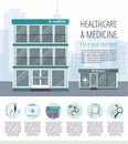 Facade of hospital and pharmacy store on city background. Medicine infographic