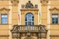 Facade of the house of classical European architecture of the old cozy tourist city. Background