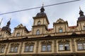 Facade of the house of classical European architecture of the old cozy tourist city. Background