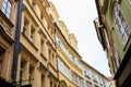 Facade of the house of classical European architecture of the old cozy tourist city. Background