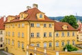 Facade of the house of classical European architecture of the old cozy tourist city. Background