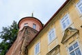 Facade of the house of classical European architecture of the old cozy tourist city. Background