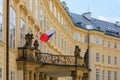 Facade of the house of classical European architecture of the old cozy tourist city. Background