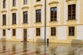 Facade of the house of classical European architecture of the old cozy tourist city. Background