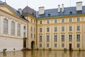 Facade of the house of classical European architecture of the old cozy tourist city. Background