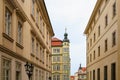 Facade of the house of classical European architecture of the old cozy tourist city. Background