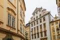 Facade of the house of classical European architecture of the old cozy tourist city. Background