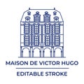 Facade of the house-museum of Victor Hugo on Place des Vosges in Paris, France. Linear vector icon of architectural landmark