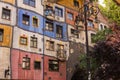 The facade of Hunderwasserhaus, designed by the artist Friedensreich Hundertwasser in Vienna, Austria.