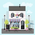 Facade of an ice cream parlor with a summer outdoor terrace. illustration of restaurant ice cream, Gelato, Popsicle and