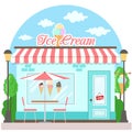 Facade ice cream shop with a signboard, awning and symbol in shopwindow