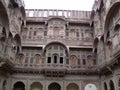 Facade of an inner courtyard of the Mehrangarh Fort in the blue city of Jodhpur, India