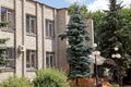 The facade of a large gray brick house with a row of windows on the wall Royalty Free Stock Photo